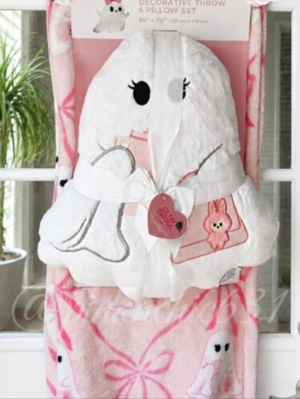 Ghost Pillow Embroided Purse Labubu Holding Tumbler Pink Bow Plush Throw Blanket